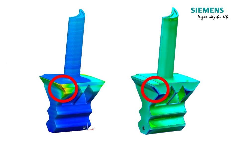 With underlying technology like XFEM analysis, the Simcenter 3D AM Process Simulation tool shows how the predicted distortion on the left is confirmed by the comparison of the real-world part to the original CAD data on the right.