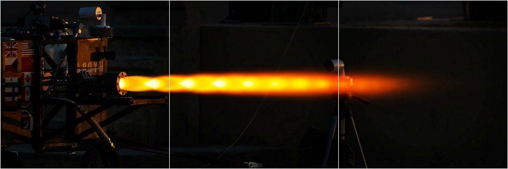 Test firing of one of LPL’s 3D pritned engines with observable Mach diamonds. Photos via USC Liquid Propulsion Lab
