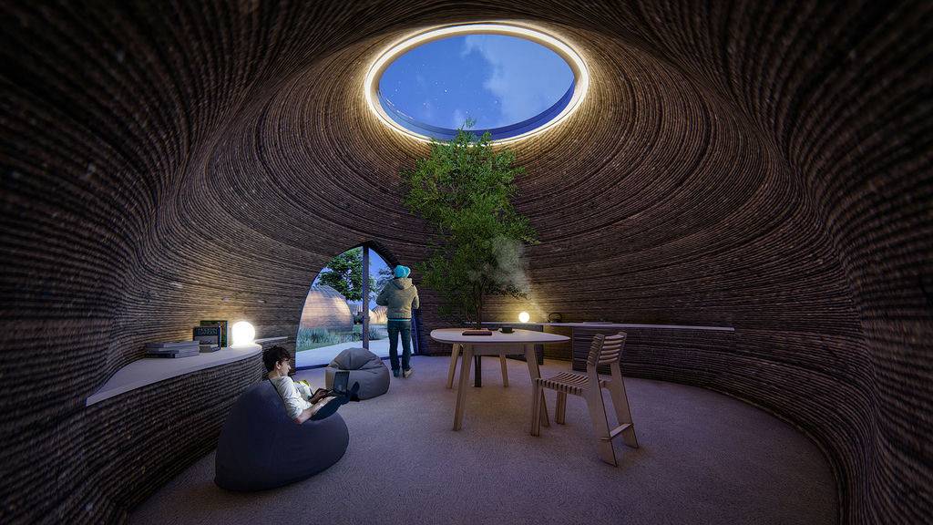 Tecla 3d printed earth house by Crane WASP living night1