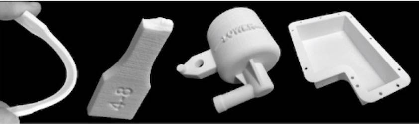 ROLASERIT® PBT01 3D printed parts such as specimen for mechanical characterization, automotive braking fluid pump and electronic control unit case/Image Credit: Mitsubishi Chemical Corporation
