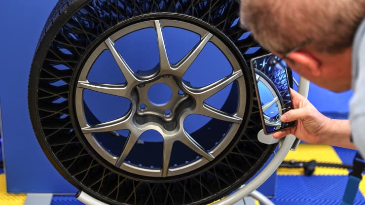 A picture shows a non-pneumatic tire (NPT), an airless tires, during the presentation of the NPT tire of Goodyear in Colmar-Berg, Luxembourg, on May 17, 2022, where the tire manufacturer has a new plant where it is experimenting with 3-D printing.
Francois Walschaerts | Afp | Getty Images
