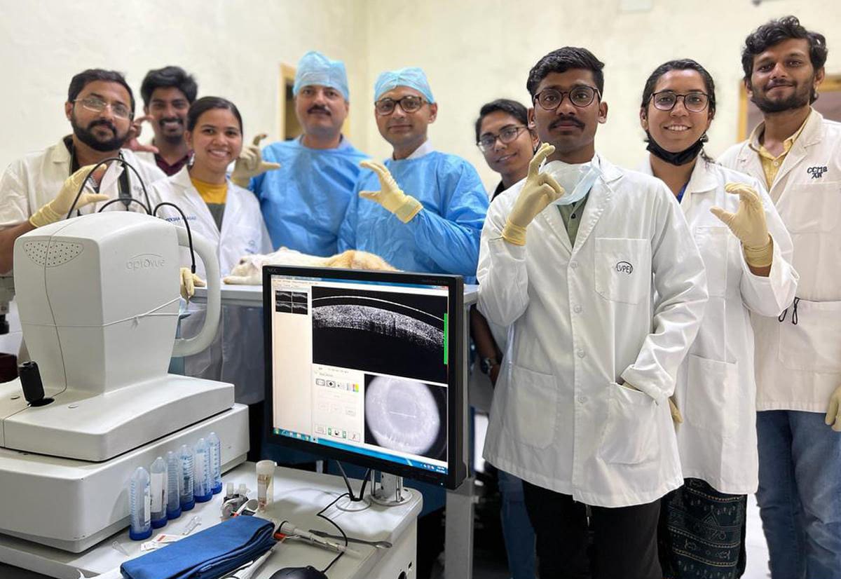 Lead researchers from L V Prasad Eye Institute, Dr Vivek Singh (4th from left), scientist Dr Sayan Basu (fifth from left), Director – Research; along with the team which developed the first 3D-Printed Human Cornea in India. | Photo Credit: ARRANGEMENT