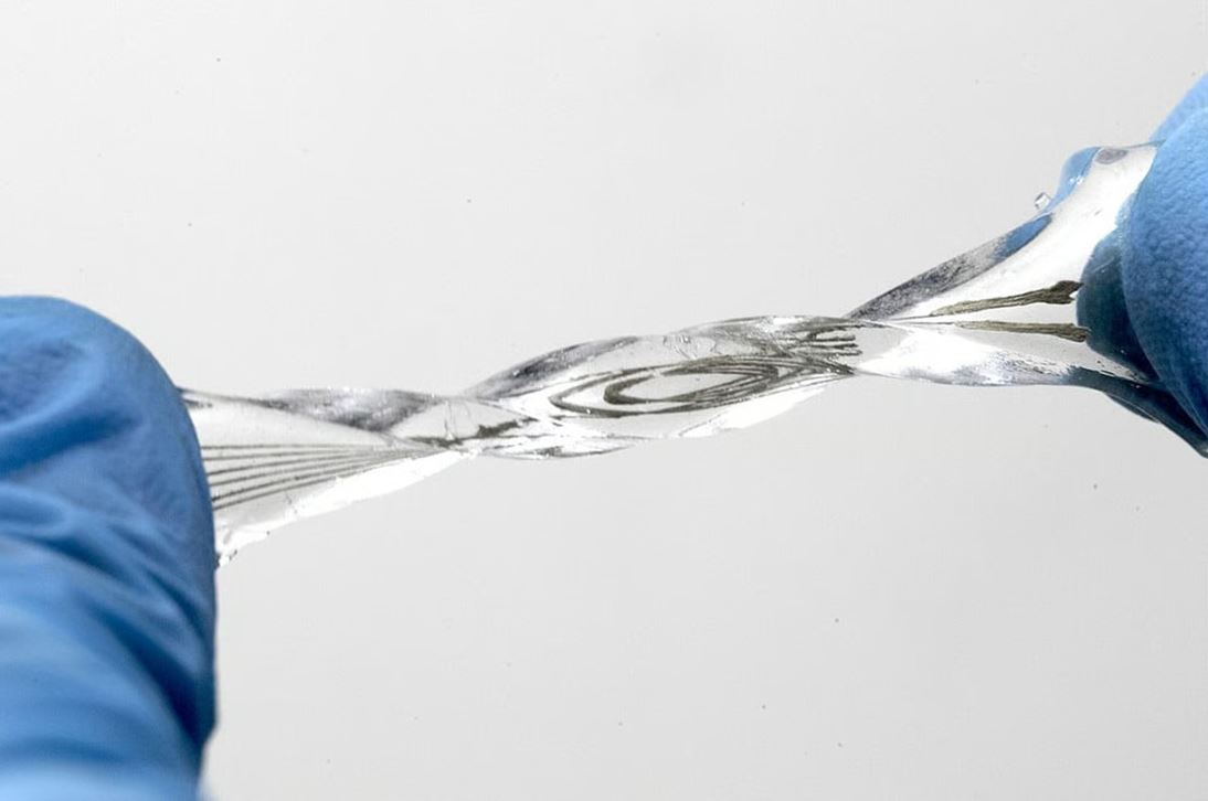 The hydrogel electronic device can be stretched twisted or compressed and will return to its original shape.