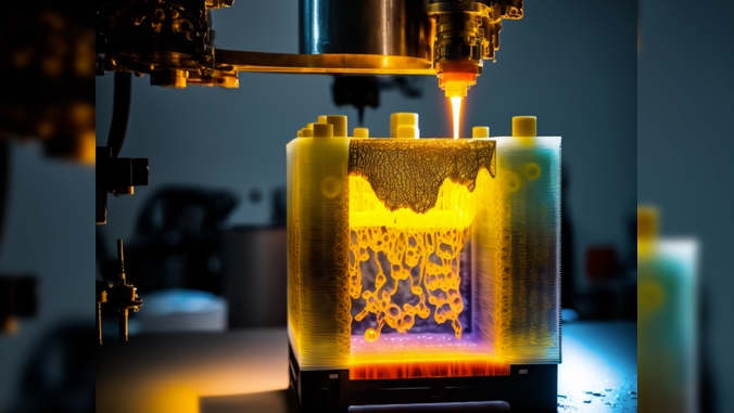 An artistic render of a battery being created using a 3D printer.