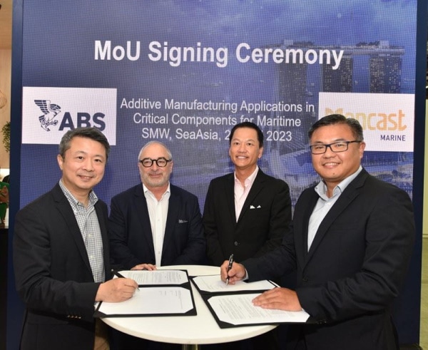 Photo Caption (Left to Right): Dr. Gu Hai, ABS Vice President and Head of ABS’ Global Simulation Center; Vassilios Kroustallis, ABS Senior Vice President, Global Business Development; Glenndle Sim, Executive Chairman and CEO, Mencast Holdings; and Koh Shu Yong, General Manager, Mencast Marine.