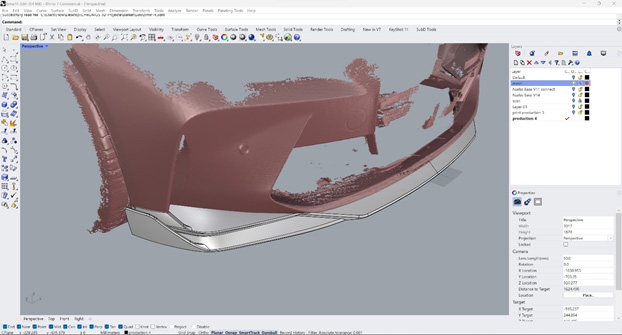 CAD design of the front splitter in Rhino software for BMW G80