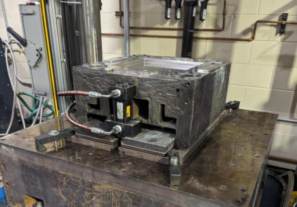 Using a toolpath strategy for weight reduction, two near-net shape dies were manufactured using a gas metal arc welding additive manufacturing process at the Lincoln Electric Additive Solutions facility. Credit: Lincoln Electric